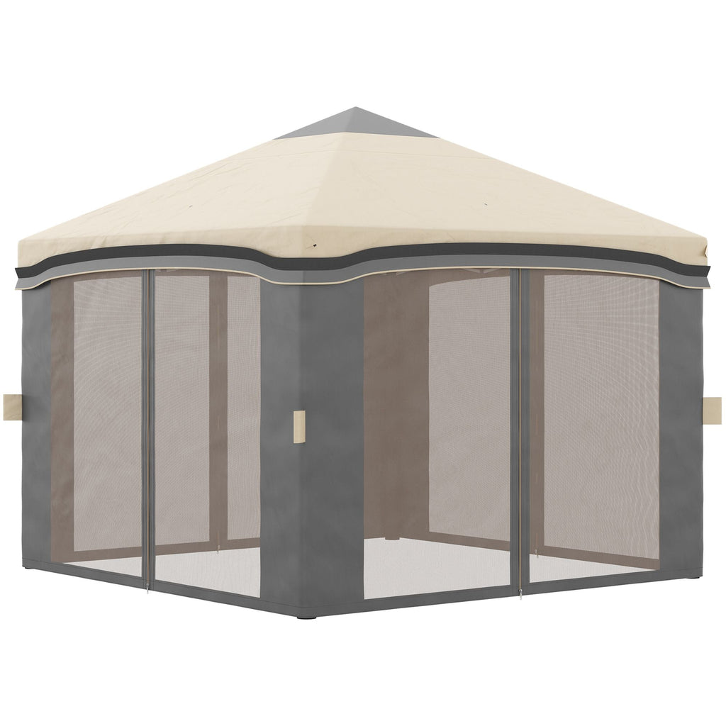 10x10 Pop Up Canopy, Netting, Foldable, Height Adjustable, Wheeled Carry Bag, 4 Sand Bags, Beige