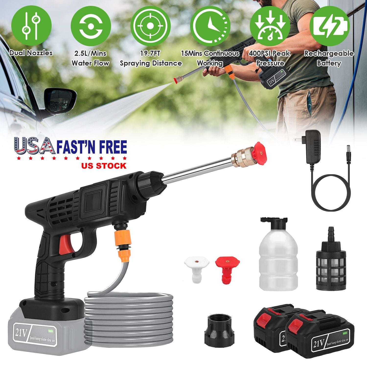 Cordless Pressure Washer Portable Electric Power Washer High Pressure Water Sprayer 400PSI Car Washer Cleaner with 0° & 40° Nozzle Foam Bottle Filter 1200mAh 21V Battery and Charger