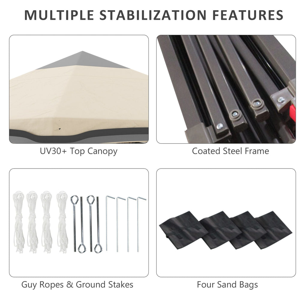 10x10 Pop Up Canopy, Netting, Foldable, Height Adjustable, Wheeled Carry Bag, 4 Sand Bags, Beige