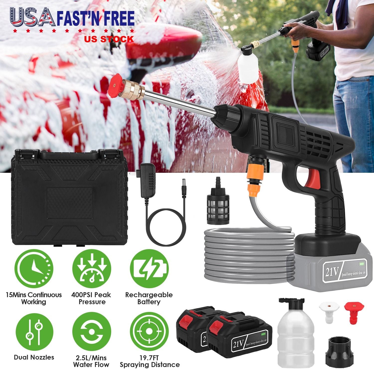 Cordless Pressure Washer Portable Electric Power Washer High Pressure Water Sprayer 400PSI Car Washer Cleaner with 0° & 40° Nozzle Foam Bottle Filter 1200mAh 21V Battery and Charger