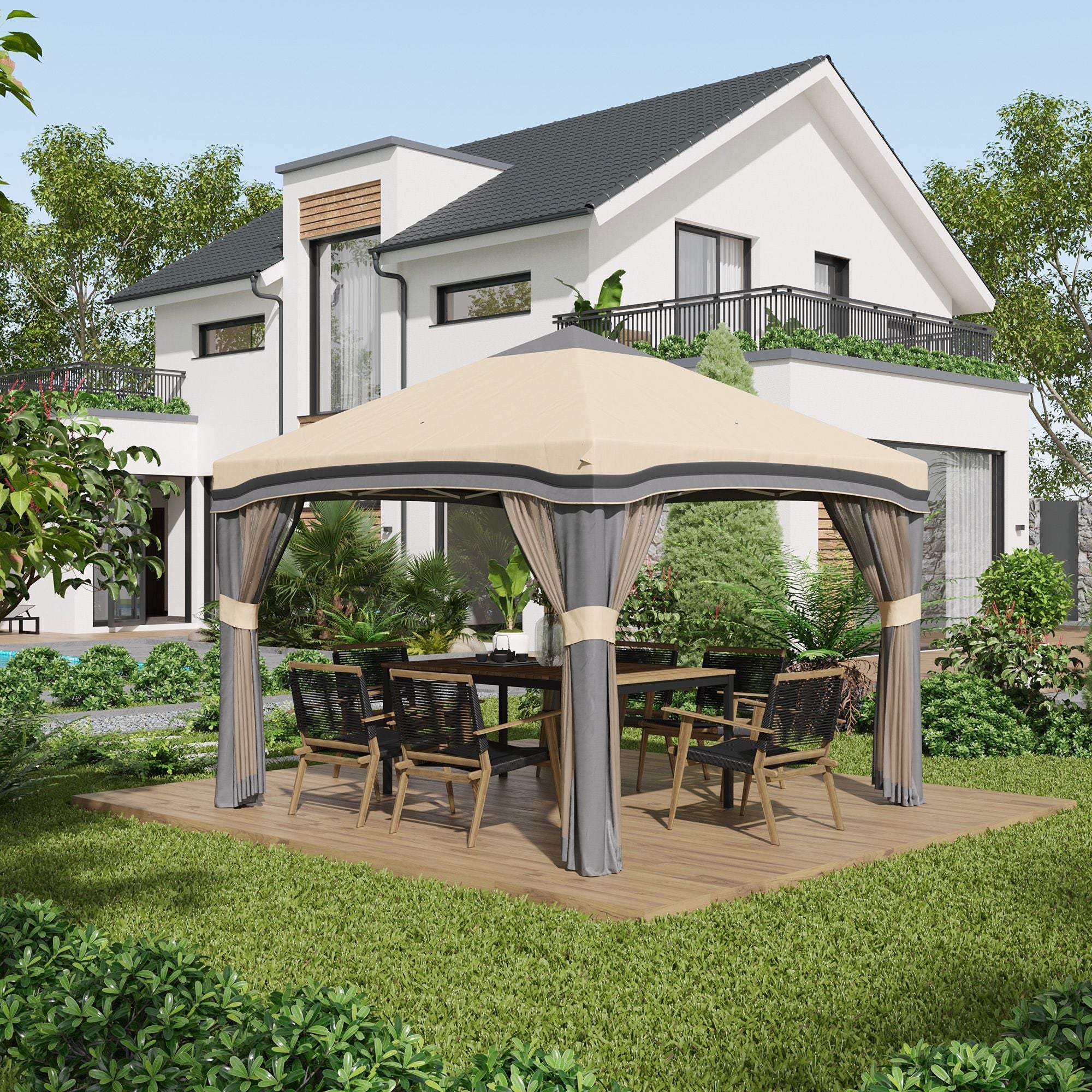 10x10 Pop Up Canopy, Netting, Foldable, Height Adjustable, Wheeled Carry Bag, 4 Sand Bags, Beige