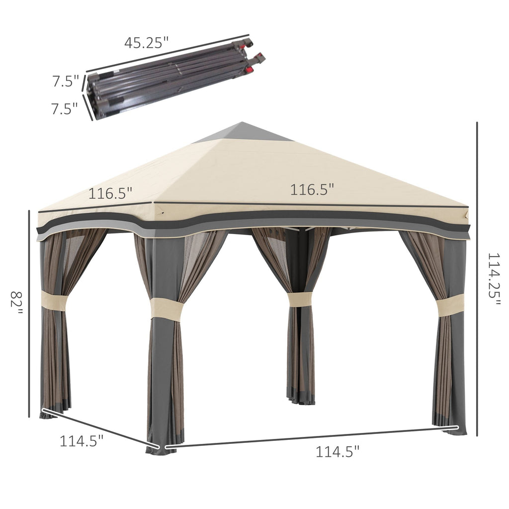 10x10 Pop Up Canopy, Netting, Foldable, Height Adjustable, Wheeled Carry Bag, 4 Sand Bags, Beige