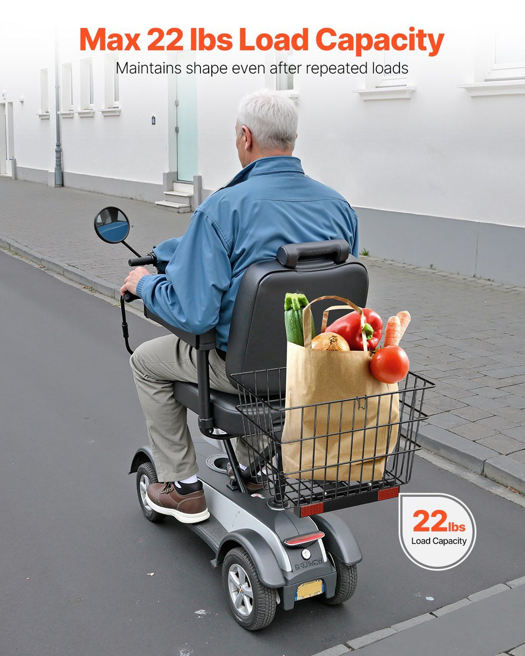 Scooter Rear Basket, Heavy Duty Metal Wire Basket with Handle, Spacious Cargo Basket, Works with 1-inch Receiver, Compatible with Most Golden, Drive & Pride Mobility Scooter