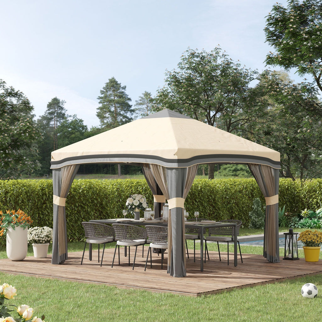 10x10 Pop Up Canopy, Netting, Foldable, Height Adjustable, Wheeled Carry Bag, 4 Sand Bags, Beige