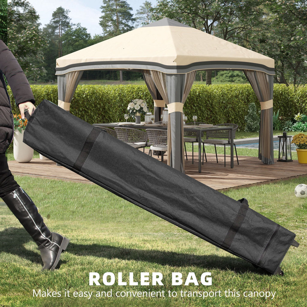10x10 Pop Up Canopy, Netting, Foldable, Height Adjustable, Wheeled Carry Bag, 4 Sand Bags, Beige