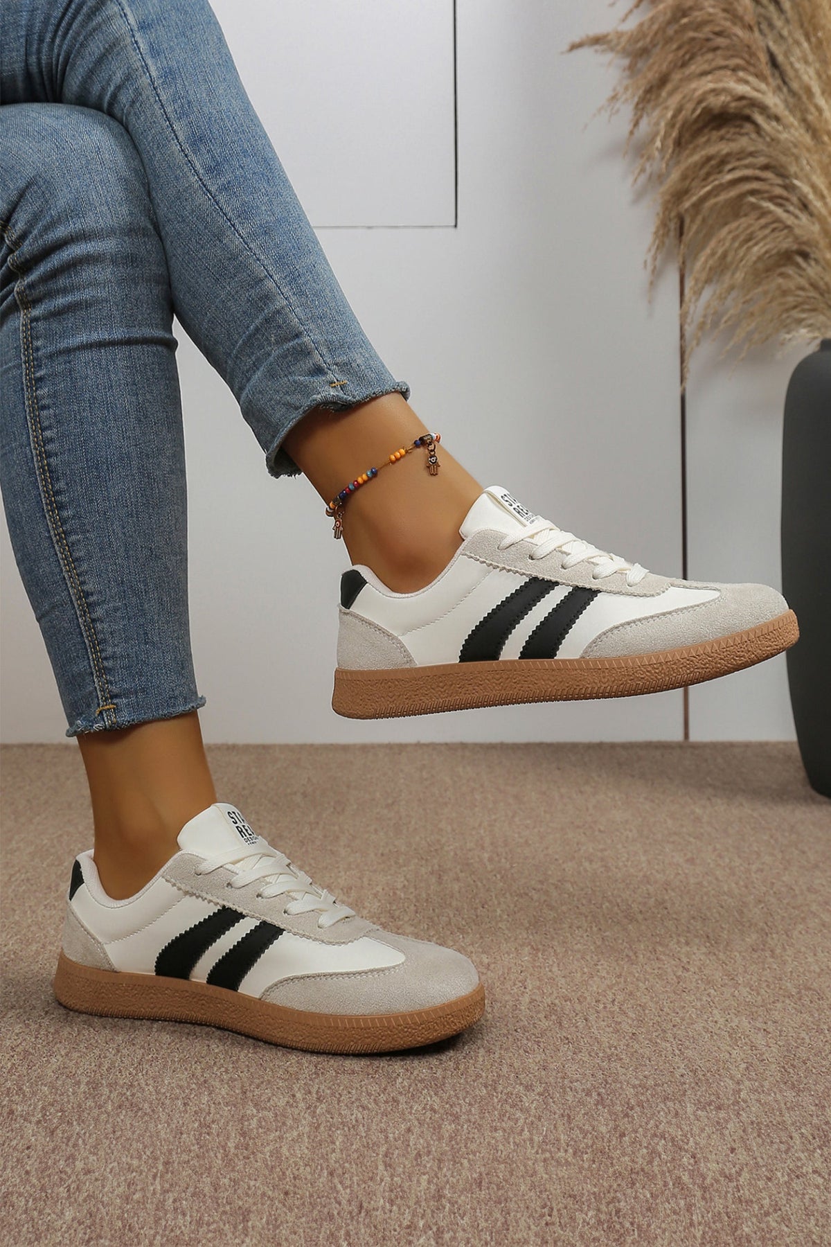 White Varsity Color Block Lace-Up Shoes