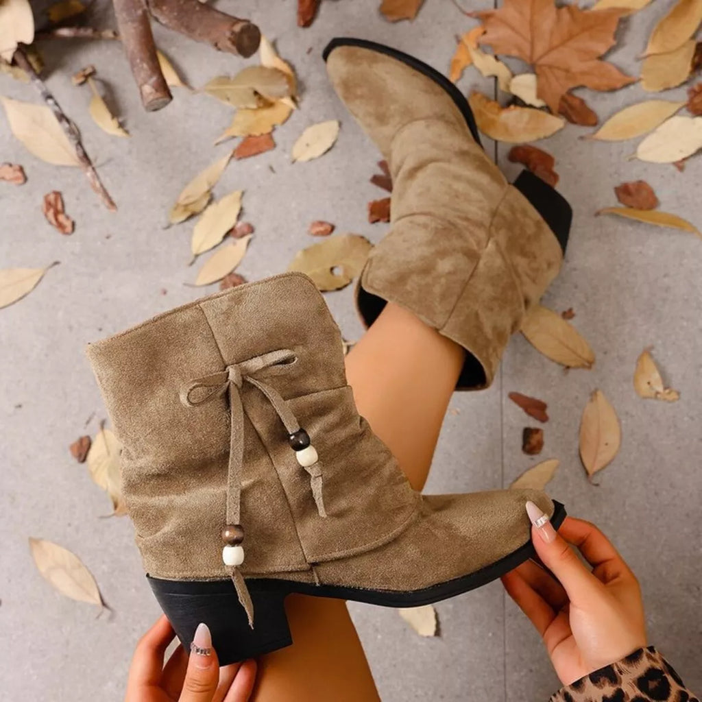 Suede Ankle Boots with Bow Accent