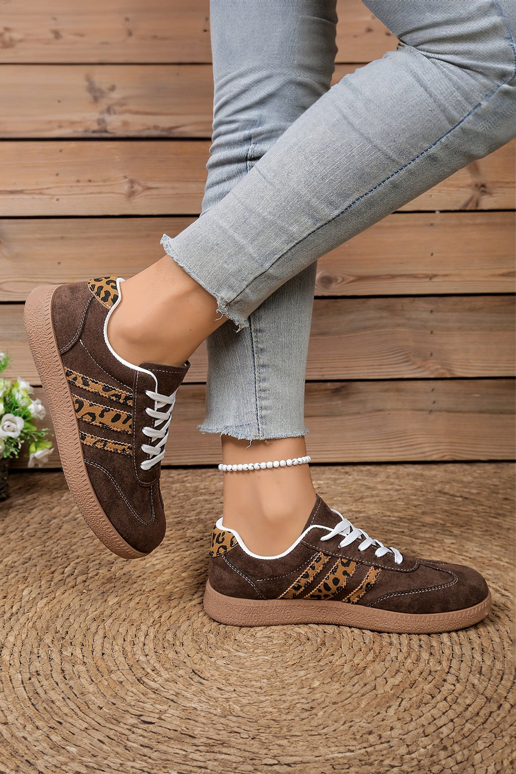 Coffee Leopard Patchwork Faux Suede Lace-Up Shoes