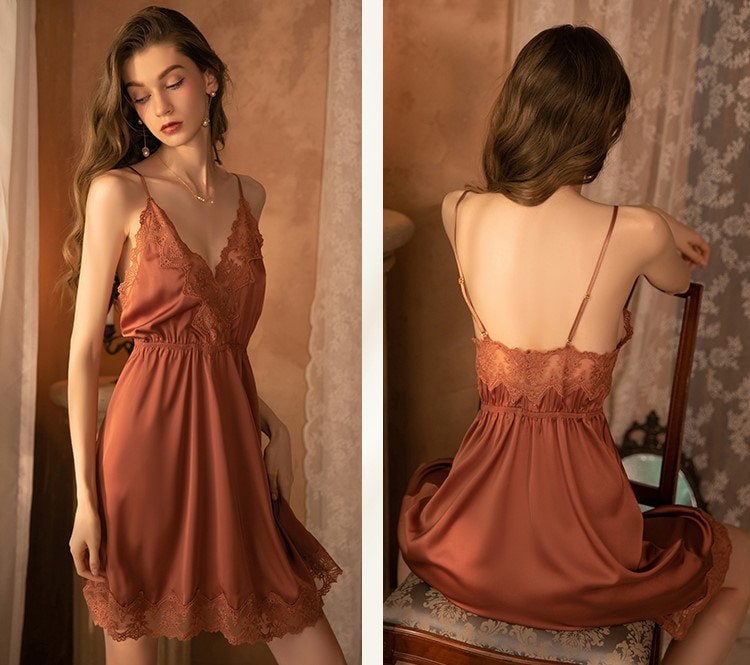 Lace & Silky Satin Lingerie Set – Nightdress & Robe | Black, Wine, Dusty Blue & Caramel