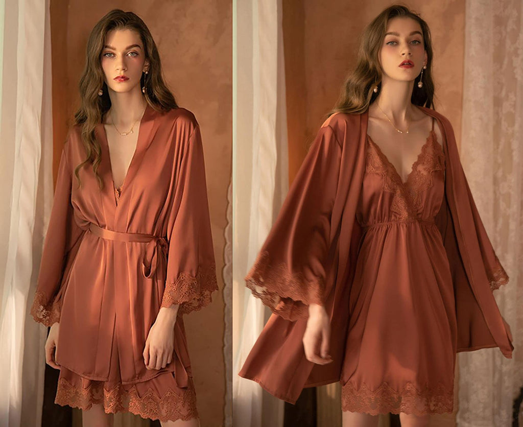 Lace & Silky Satin Lingerie Set – Nightdress & Robe | Black, Wine, Dusty Blue & Caramel