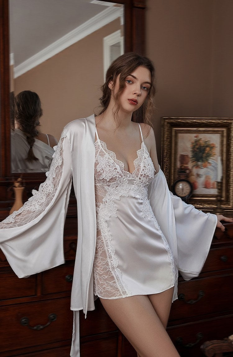 Victorian Lace Silky Lingerie Set – Night Dress & Robe | Black, Wine, Ivory & Pink