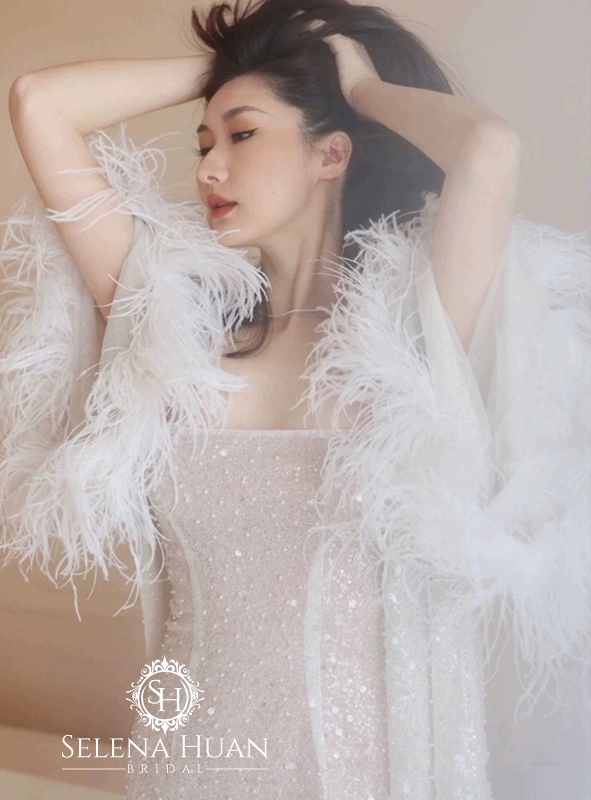 Ostrich Feather Sequin Mesh Long Robe Dress with Nightgown – Pink & Ivory