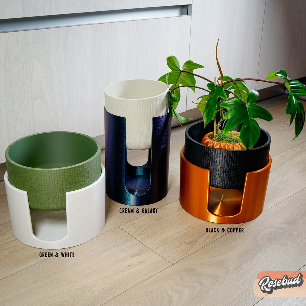 Modern Elevated Planter and Plant Stand Set - 2-Piece Plant Pot with Drainage in Multi Colors & Sizes, Mid-Century Modern Indoor Plant Stand