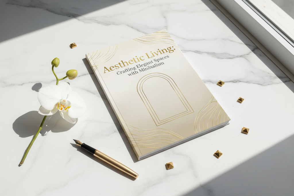 Aesthetic Living ebook cover mockup on marble surface with gold pen and white flower