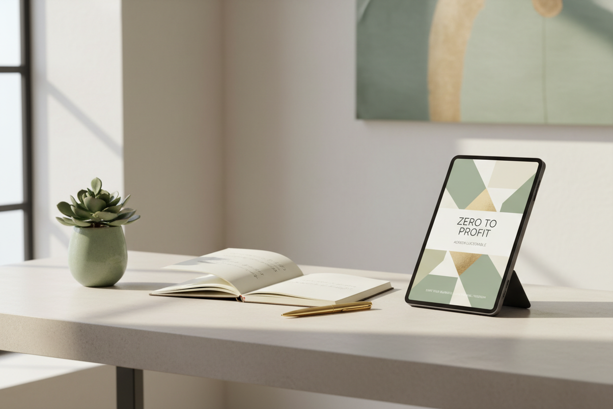 Minimalist desk scene with plant, journal, gold pen and Zero to Profit ebook open on digital tablet