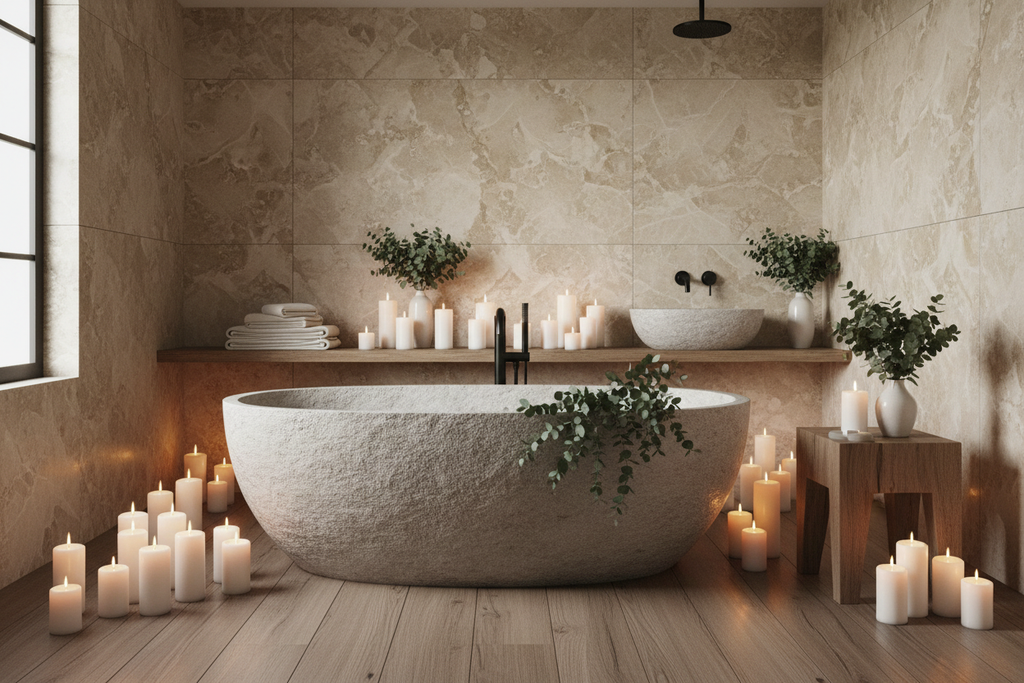 Luxury minimalist bathroom with freestanding stone bathtub and spa aesthetic
