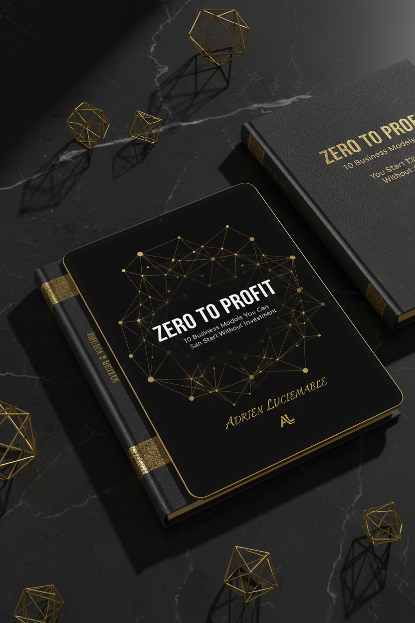 Zero to Profit ebook mockup by Adrien Luciemable on dark matte marble surface with gold geometric accents and dramatic lighting