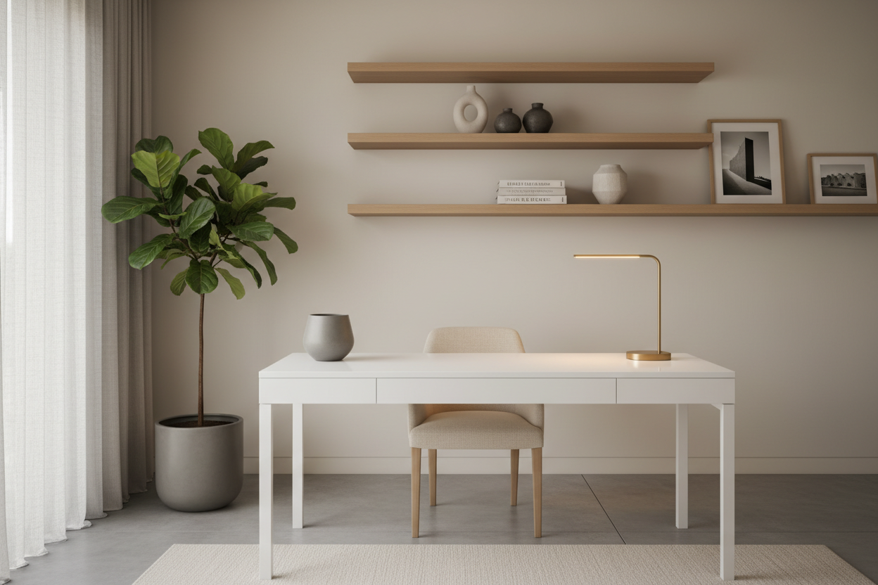 Minimalist home office with clean lines, warm lighting, and curated shelving