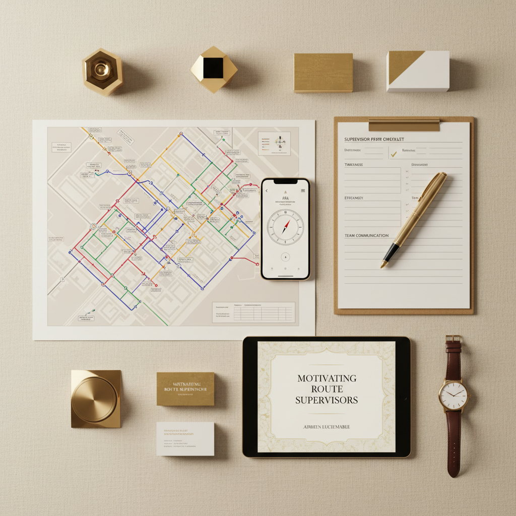 Professional overhead flat-lay with route maps, supervisor checklists, gold accessories and ebook on tablet