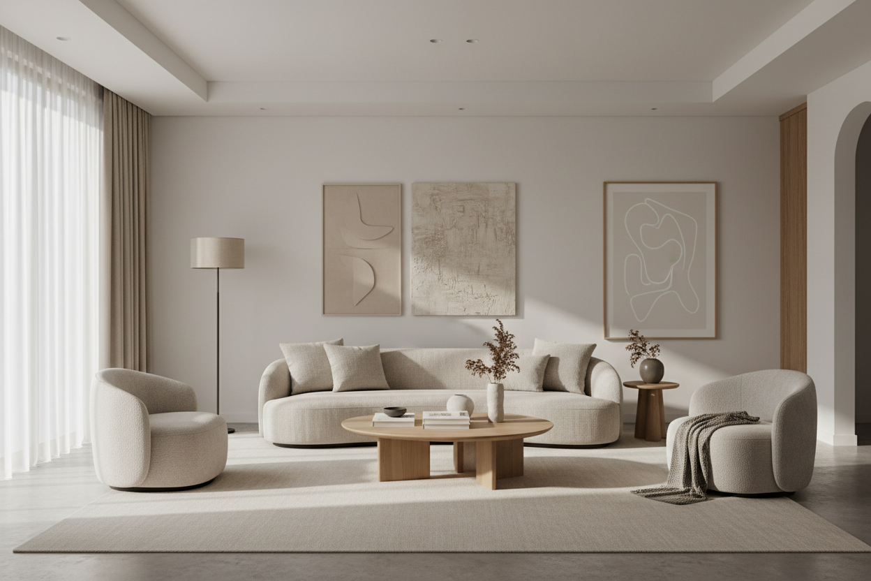 Minimalist luxury living room with warm neutral tones and sculptural furniture