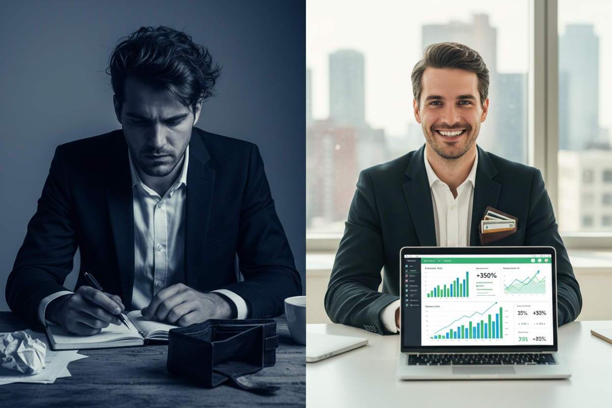 Before and after transformation showing overwhelmed entrepreneur with empty wallet versus confident business owner with growth charts
