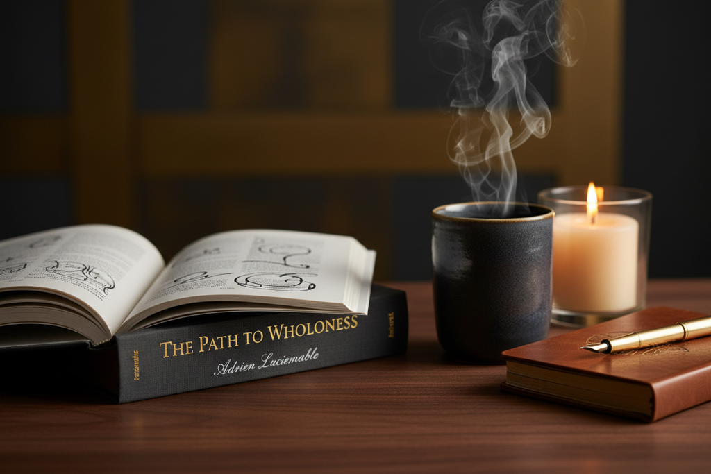The Path to Wholeness open on a walnut desk with spine showing Adrien Luciemable, tea and candlelight