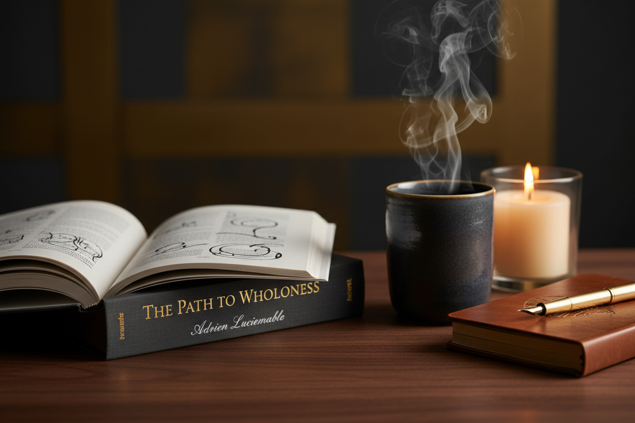 The Path to Wholeness open on a walnut desk with spine showing Adrien Luciemable, tea and candlelight