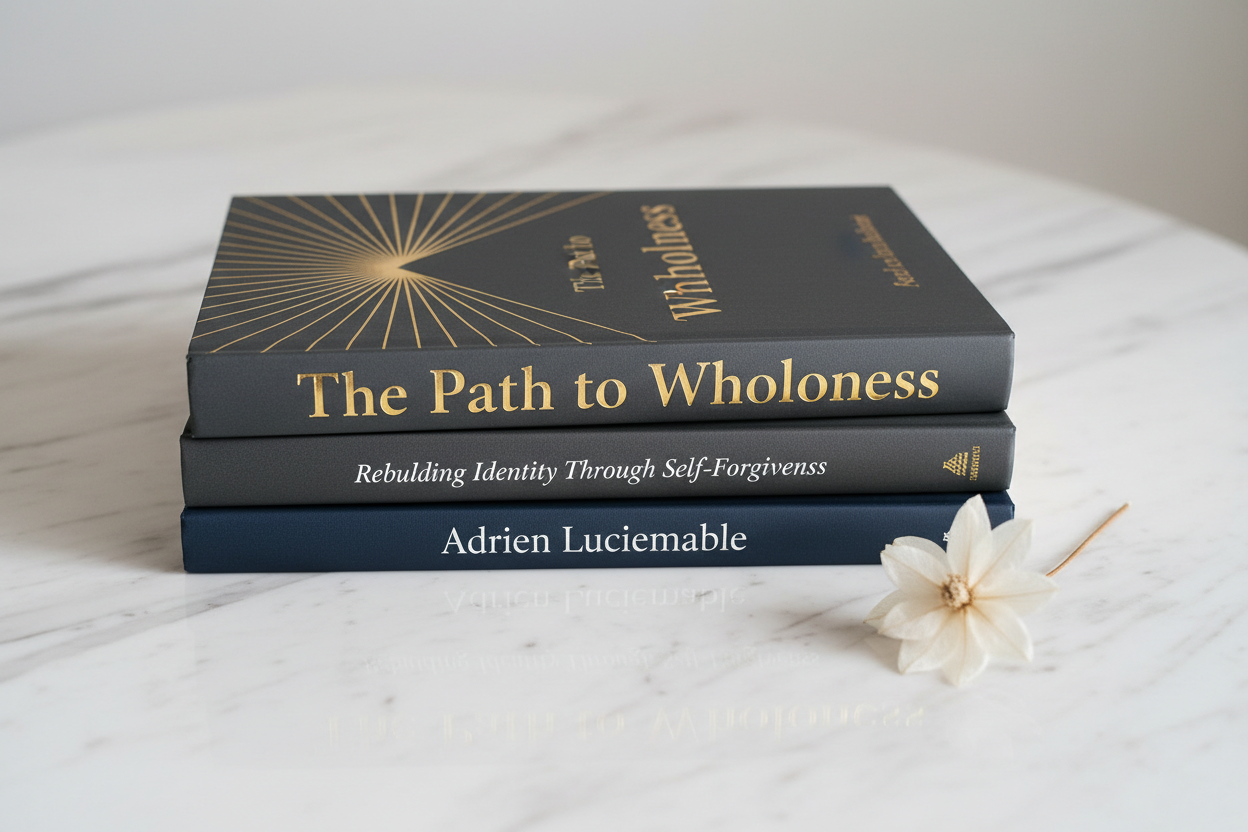 Three stacked copies of The Path to Wholeness by Adrien Luciemable on white marble with dried white flower