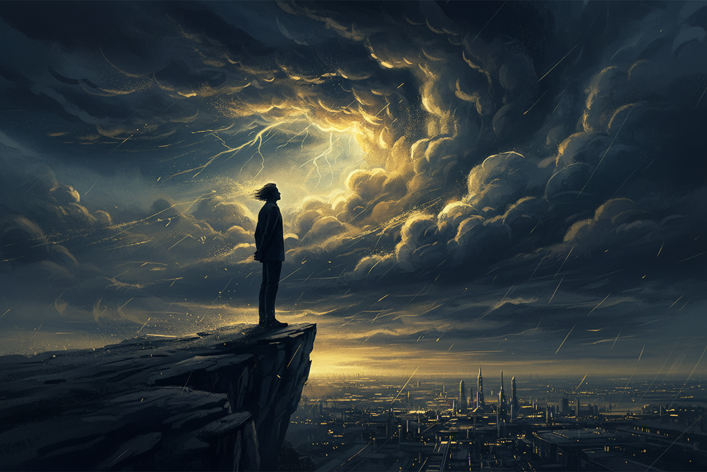A resilient leader silhouetted against a stormy sky, unshaken and confident