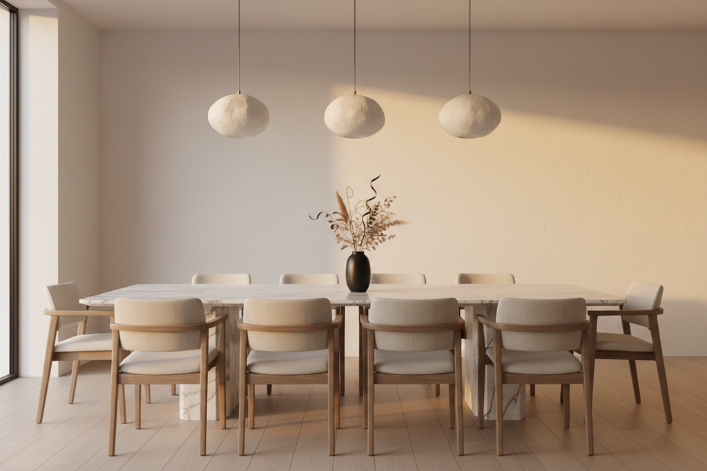 Stunning minimalist dining space with marble table and sculptural pendant lighting