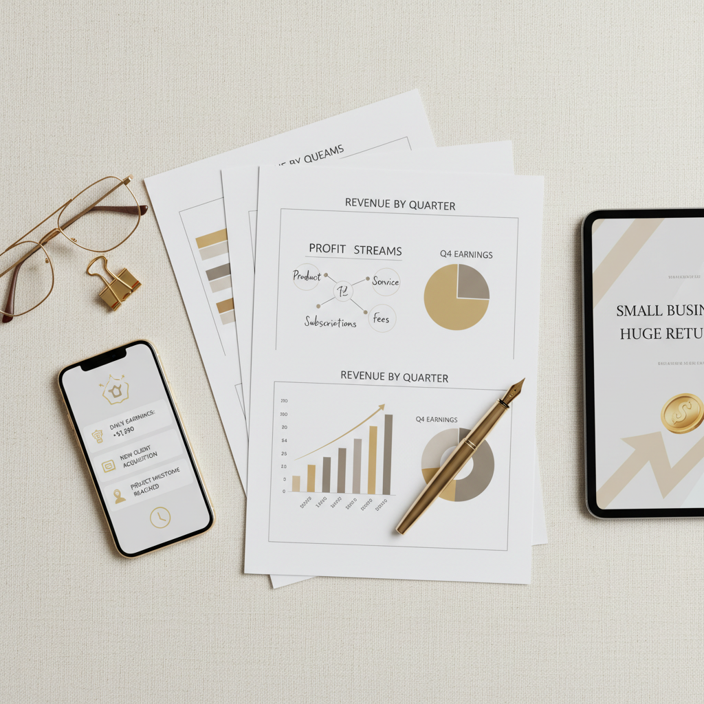 Overhead flat-lay with profit stream planning sheets, gold accessories, smartphone with earnings notifications and ebook on tablet