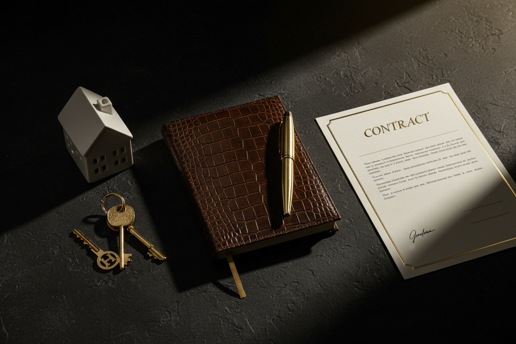 Real estate investment tools — keys, contracts, and property documents