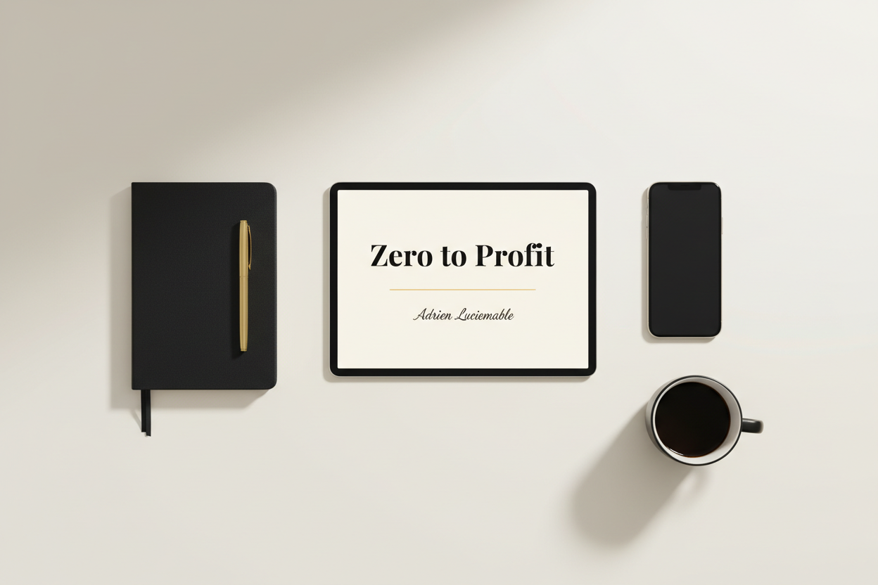 Zero to Profit ebook by Adrien Luciemable flat-lay with tablet, matte-black notebook, gold pen, smartphone and coffee cup on ivory background