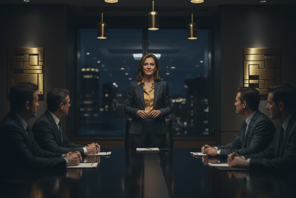A composed, calm executive leader commanding a high-pressure boardroom meeting