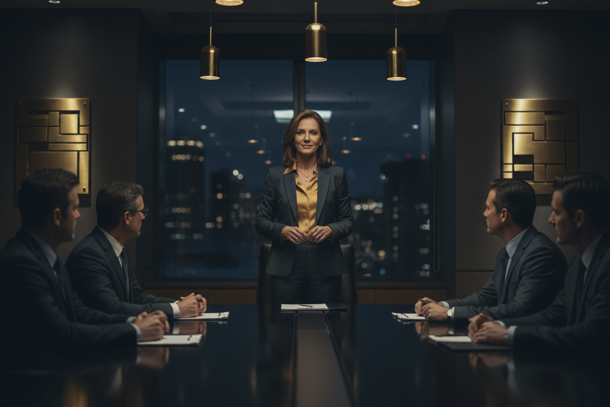 A composed, calm executive leader commanding a high-pressure boardroom meeting