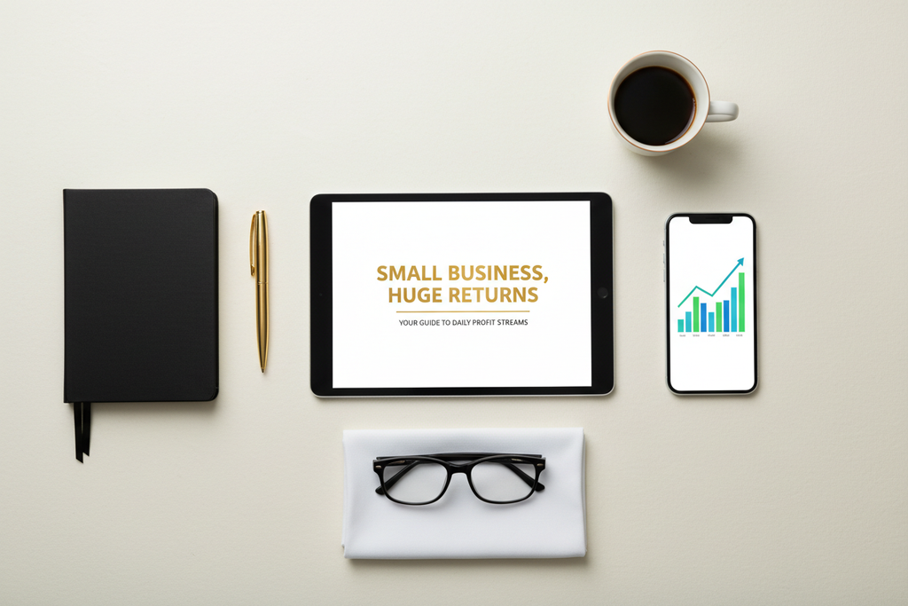 Small Business Huge Returns ebook flat-lay with tablet, notebook, gold pen, smartphone with income charts and coffee cup