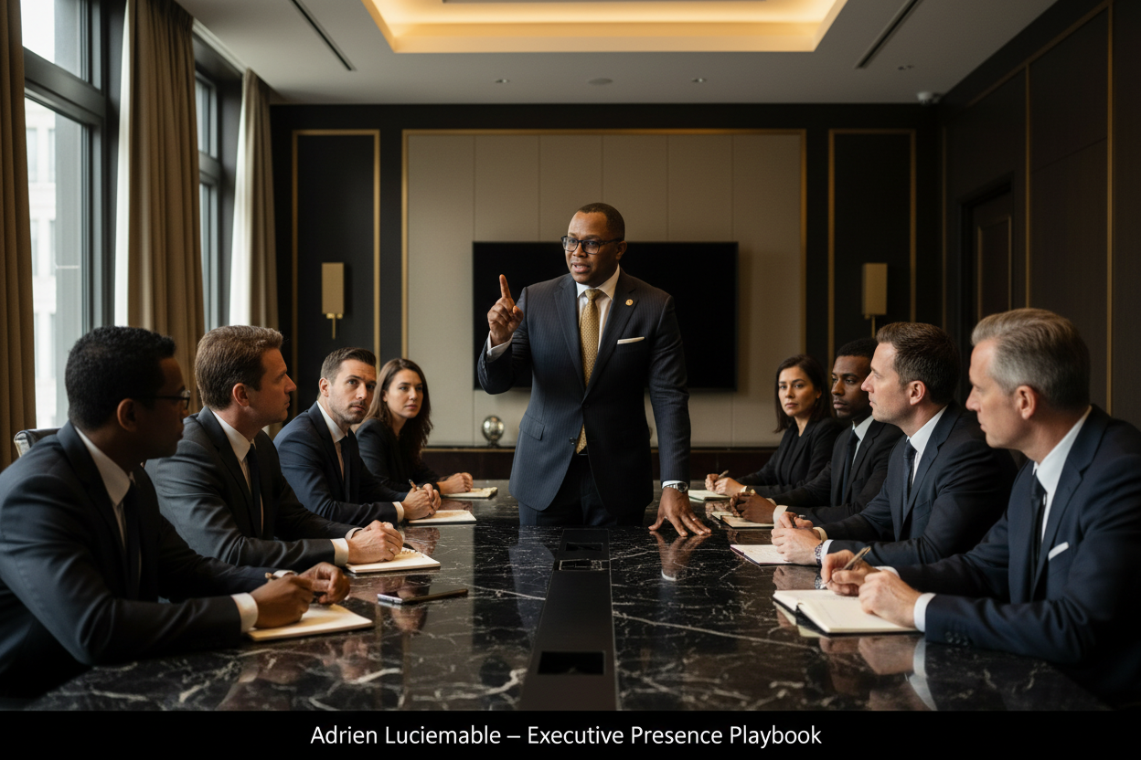 Adrien Luciemable leading a boardroom — Executive Presence Playbook
