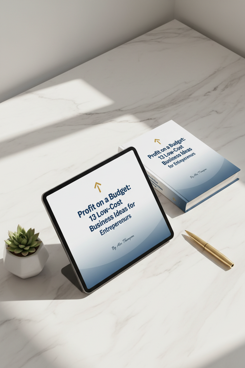 Profit on a Budget ebook mockup on white marble surface with potted plant, gold pen and soft window light