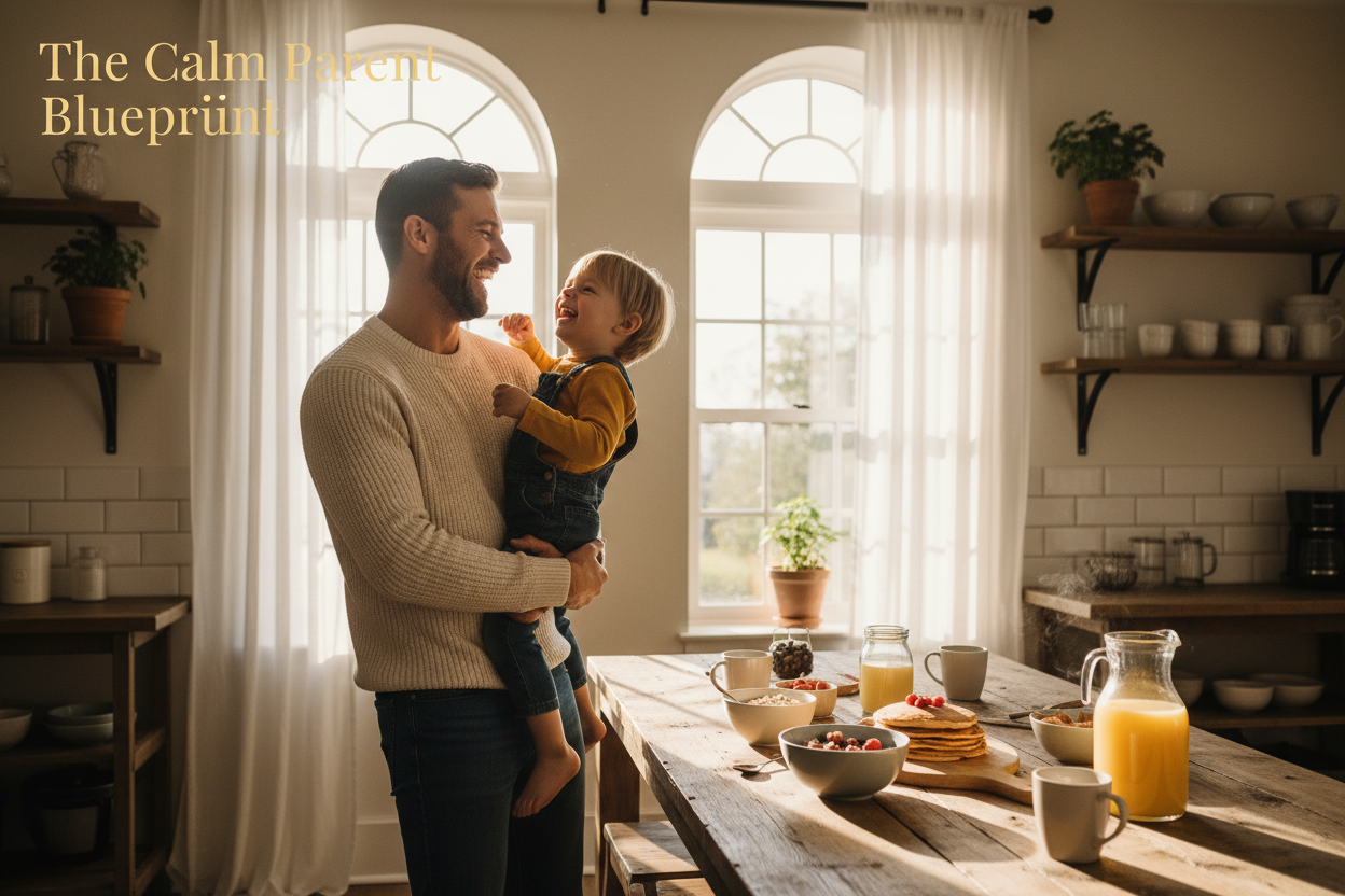 Father laughing with child in sunlit kitchen - The Calm Parent Blueprint