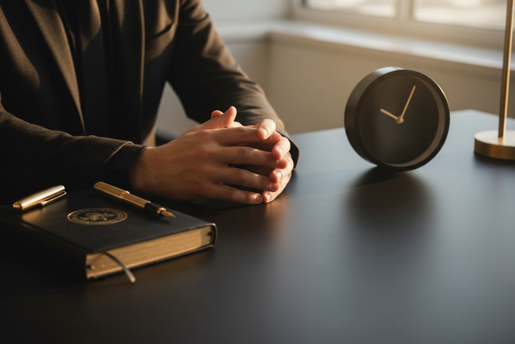 A leader's calm, intentional workspace with journal and pen — symbols of pressure-proof leadership