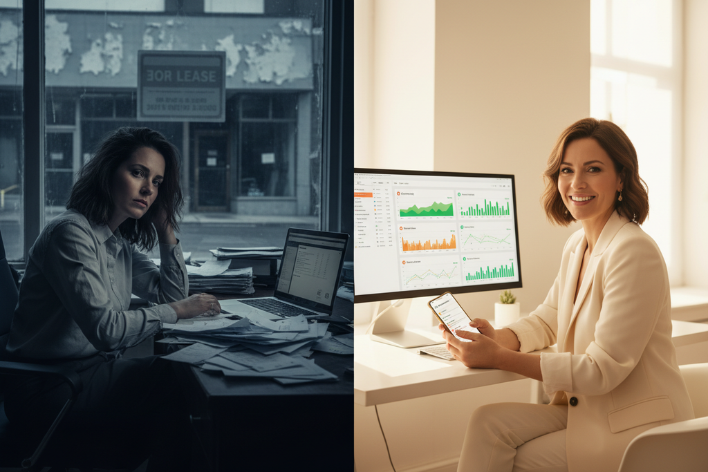 Before and after transformation showing struggling small business owner versus confident entrepreneur with multiple income streams