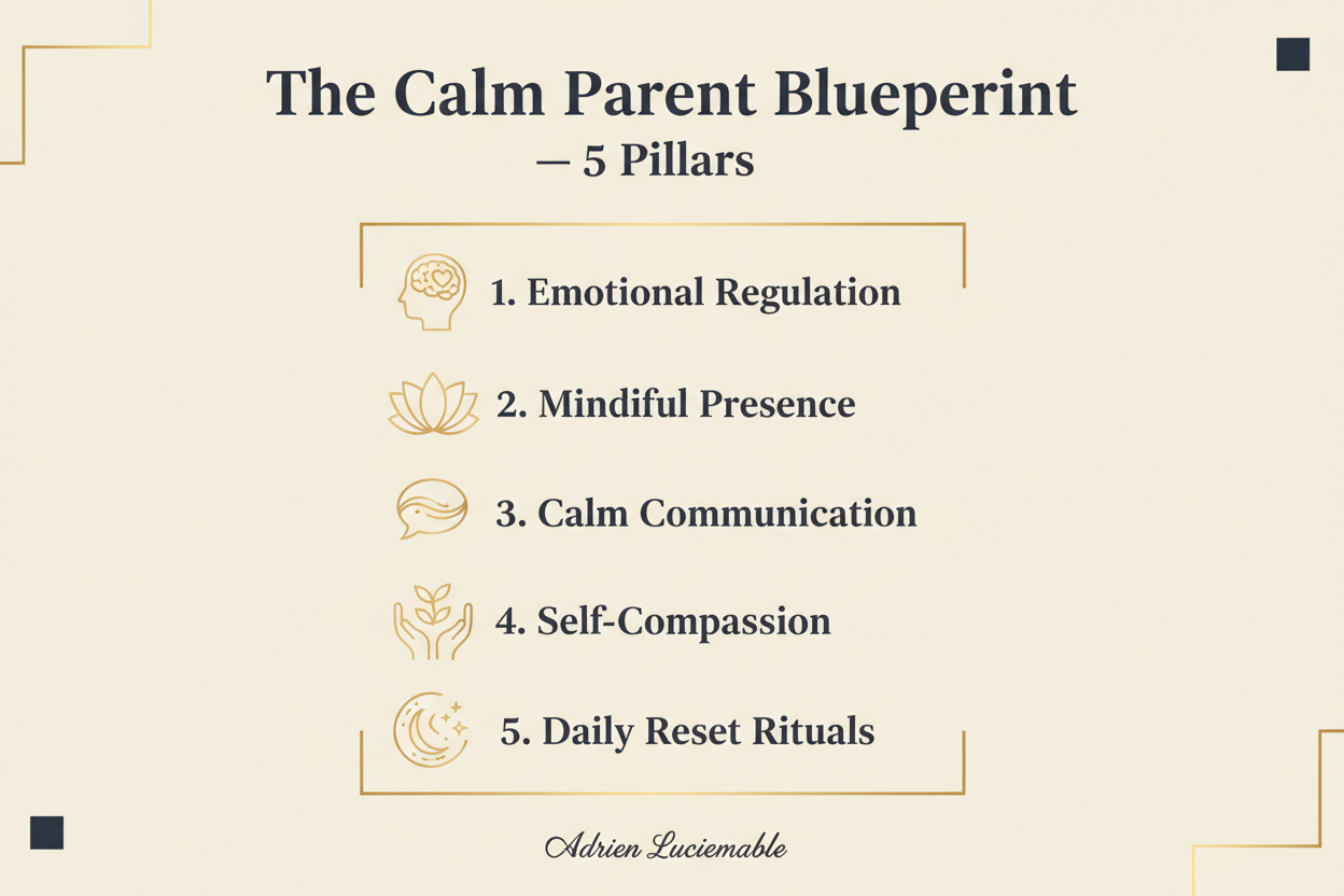 The Calm Parent Blueprint - 5 Pillars infographic by Adrien Luciemable