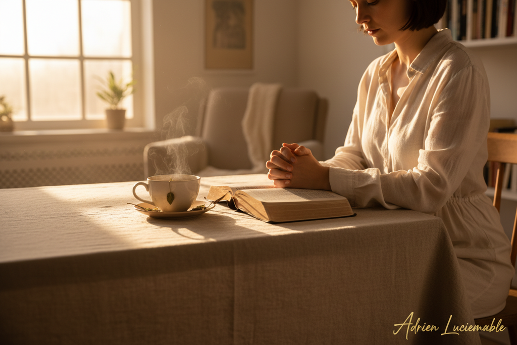 Morning prayer over open Bible — Adrien Luciemable