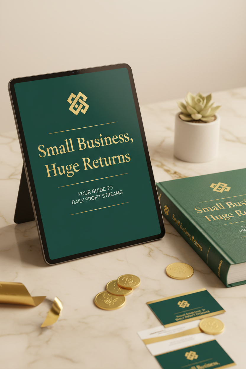 Small Business Huge Returns ebook mockup on ivory marble surface with gold coins, succulent and warm studio lighting