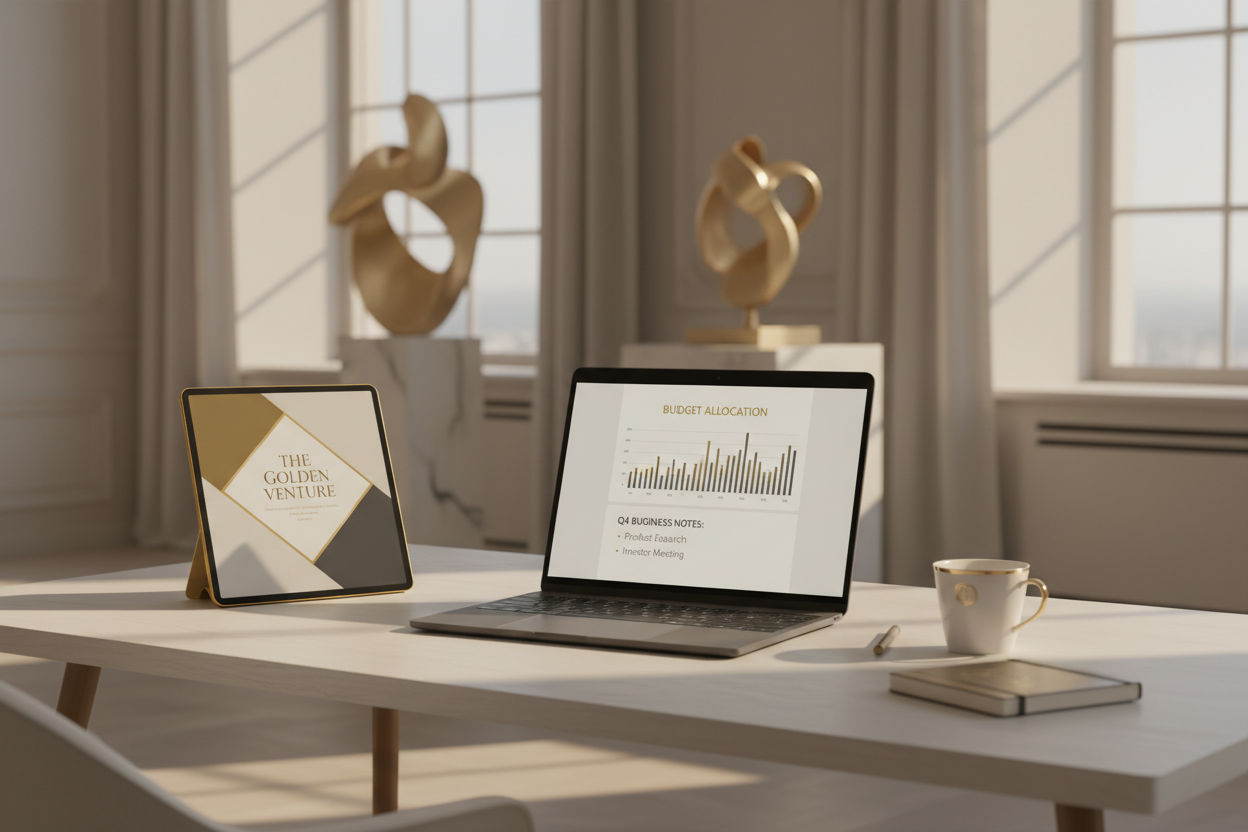 Modern workspace with laptop showing budget planning notes and ebook cover on tablet with warm gold tones