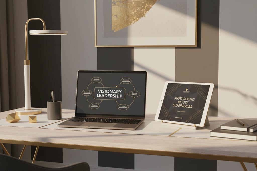 Modern workspace with laptop showing leadership notes and ebook cover on tablet with gold accents