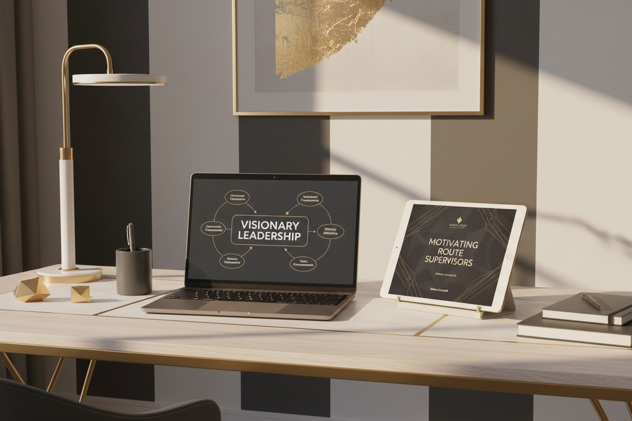 Modern workspace with laptop showing leadership notes and ebook cover on tablet with gold accents