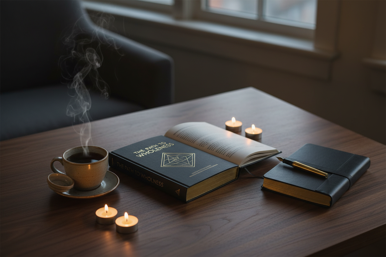 The Path to Wholeness open book on a walnut desk with tea and candlelight