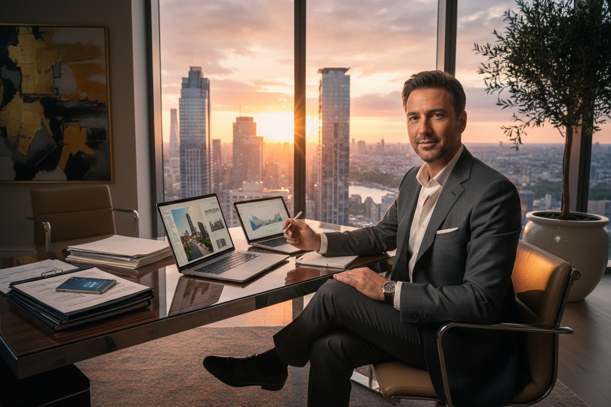 Successful real estate investor reviewing property deals