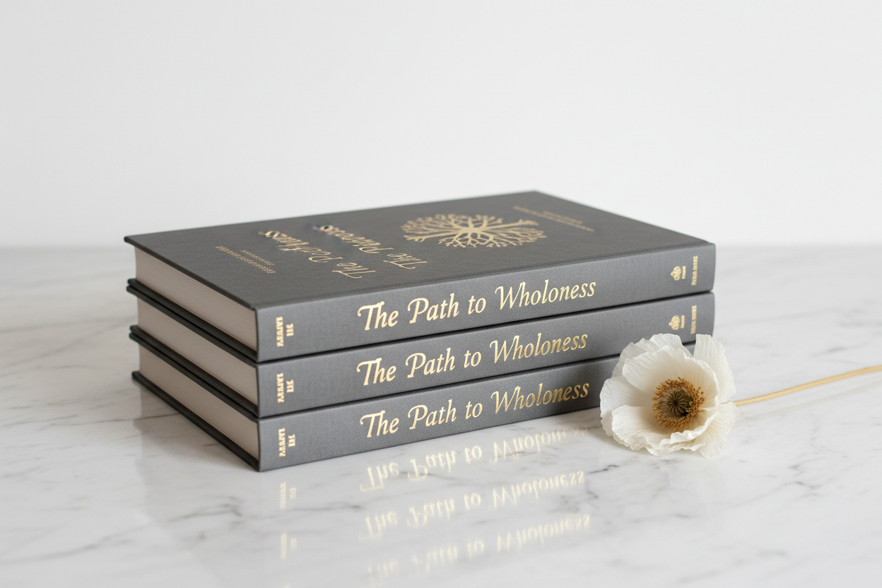 Three copies of The Path to Wholeness stacked on white marble with a dried white flower